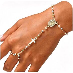 Gold Rosary Hand Chain Bracelet - 14k Gold Plated Virgin Mary Ring Bracelets,Non Tarnish Dainty Golden Rosarios Catolicos Hand Chains Jewelry,Trendy Religious Rosary Beads Hand Bracelet Gift for Women in Saudi Arabia