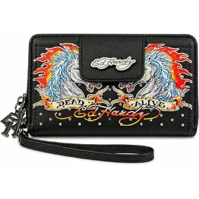 محفظة ED HARDY Dead Alive بسحاب حول المحفظة مع فتحات للبطاقات وجيب للعملات المعدنية، 7 × 4.5 بوصة (شعلة منتصف الليل ستاليون) in Kuwait