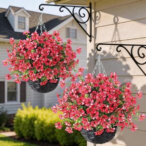 Artificial Flower & Eucalyptus with Hanging Basket - 2PCS Faux UV Sun Resistant Morning Glory in Planter, Fake Colorful Silk Flowers for Spring Summer Porch Patio Balcony Yard Decor (Rose Red) in Saudi Arabia
