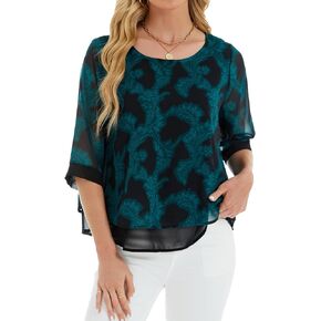 Womens Casual Scoop Neck Loose Top 3/4 Sleeve Chiffon Blouse Shirt Tops in Saudi Arabia