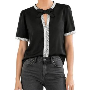 Hilinker Women's Short Sleeve Bow Shirts Lace Trim Business Casual Blouse Elegant Summer Tops in Saudi Arabia