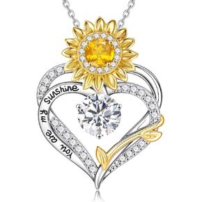 MONOOC Sunflower Gifts for Women Her - Sunflower Necklace for Women Heart Birthstone Necklaces 14K-White-Gold-Plated Heart Pendant Necklace for Woman Wife Mom Friends Birthday Gift Ideas in Saudi Arabia