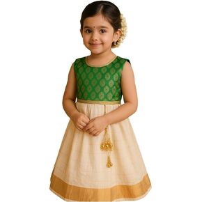 Girls Kerala Pattu Frock, Green Brocade Top with Cream Skirt and Gold Border, Festive Ethnic Dress (3-6 Years) in Saudi Arabia