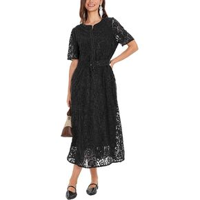 D-Sun Women Short Sleeve Floral Lace Dress V Neck Button Down Belted Elegant Party Cocktail Mid A-Line Dress with Pockets in Saudi Arabia