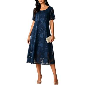 Women's Summer Floral Mesh Midi Dress Short Sleeve Flowy A Line Elegant Cocktail Party Wedding Guest Dress in Saudi Arabia