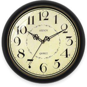 Geevon Vintage 12" Silent Wall Clock, Retro Round Battery Operated Decorative Clock with Large Numbers, Unique Hands for Bedroom Kitchen Office Living Room Café Decor(Black with Gold Ring) in Saudi Arabia