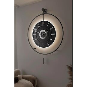 ساعة حائط كبيرة فاخرة بإضاءة خلفية LED - حلقة معدنية بأرقام رومانية بندول، ساعة ديكور صامتة غير موقوتة لمدخل غرفة المعيشة وغرفة النوم، توهج هالة حديث (فضي إيليت) in Kuwait