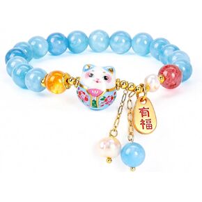 Natural Chalcedony Lucky Cat Bracelet, Handmade Crystal & Faux Pearl Beaded Fortune Cat Bracelet for Spiritual Healing, 8mm Stretch Spiritual Lucky Cat Bracelets for Women, Cute Aesthetic Jewelry for Anxiety Relief, Lucky Gift for Her, Gift-Ready Packagin in Saudi Arabia