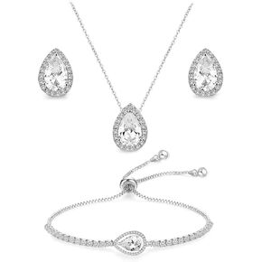 Wedding Cubic Zirconia Teardrop Pendant Necklace Stud Earrings Bracelet Bridal Jewelry Set for Women Bridesmaid Prom in Saudi Arabia