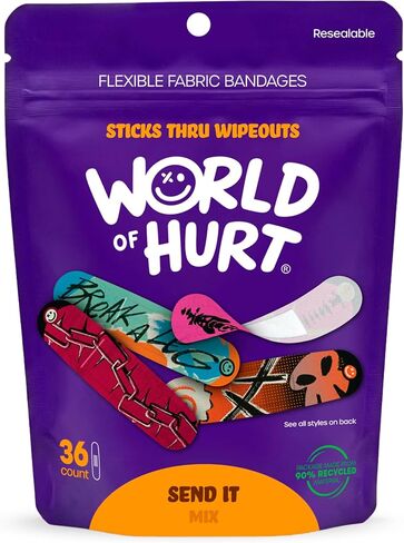 World of Hurt Bandages for Active Kids & Teens, 36 ct Variety Pack | Gen Z Designs, Flexible Fabric, Latex-Free, Sterile Protection | Resealable, Portable Pouch | Send It Mix - 36 ct in Kuwait