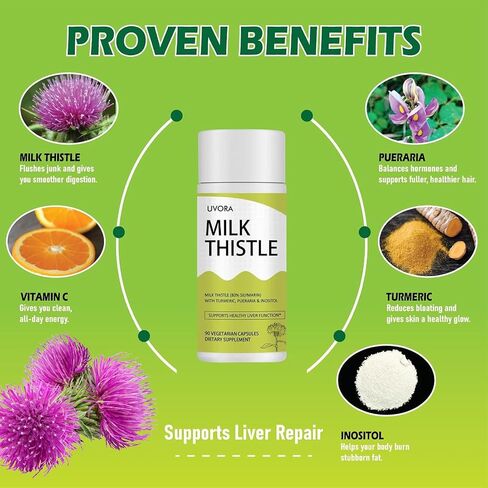 Uvora - Milk Thistle Detox.UVORA Milk Thistle Extract 300 mg, Extract with Vitamin C, Inositol & Pueraria, Liver Detox Support, Antioxidant Support, 90 Capsules in Saudi Arabia