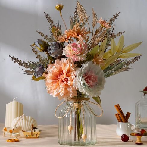 LESING Dahlia Flower Aritificial Flower with Vase Fake Silk Flowers in Glass Vase Faux Rose Flowers Arrangement for Home Office Table Centerpiece Decoration (Claret Red) in Saudi Arabia