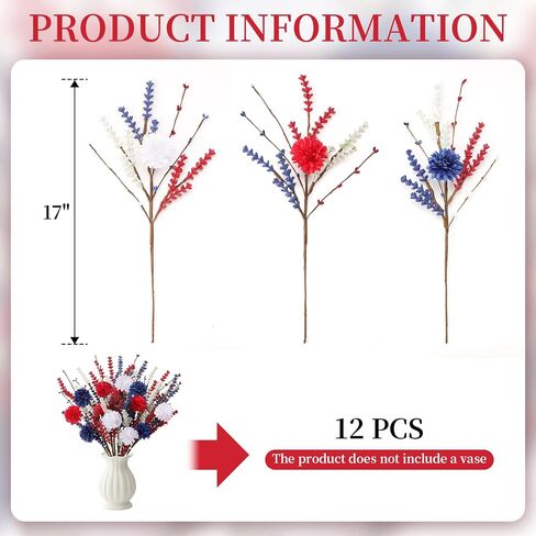 4th of July Decorations 17 Inch Patriotic Artificial Berry Picks 12 Pack Red White Blue Berry Stems for Tables Centerpieces Home Office Restaurant Vase Independence Day Decorations in Saudi Arabia