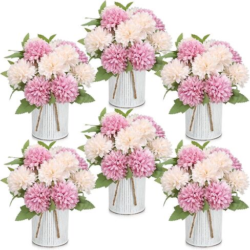 Pre-Made Flower Table Centerpieces, Set of 6 Artificial Silk Chrysanthemum with Farmhouse Metal Vases for Wedding, Birthday Parties, Home, Dining Table Decorations - Dusty Pink & Champagne in Saudi Arabia