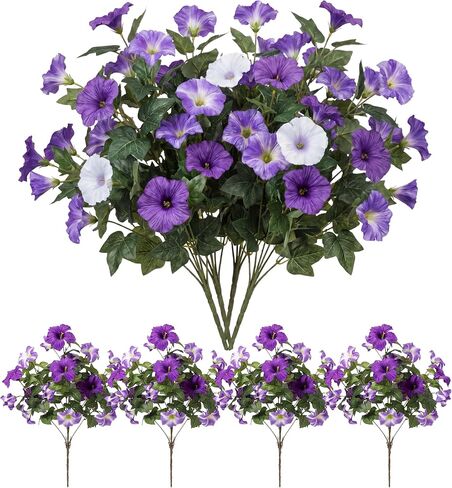 Artificial Fake Flowers for Outdoors Decoration, 4 PCS Faux Silk Artificial Morning Glory UV Resistant, Realistic Faux Plastic Plants for Front Door Garden Porch Window Wedding Decor in Saudi Arabia