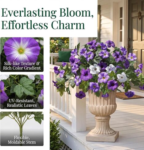 Artificial Fake Flowers for Outdoors Decoration, 4 PCS Faux Silk Artificial Morning Glory UV Resistant, Realistic Faux Plastic Plants for Front Door Garden Porch Window Wedding Decor in Saudi Arabia