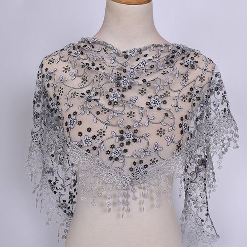 1-Pack Women's Sheer Scarf,Floral Lace Triangular Shawl for Women,Lightweight Wrap with Tassels,Mesh(Grey) in Kuwait