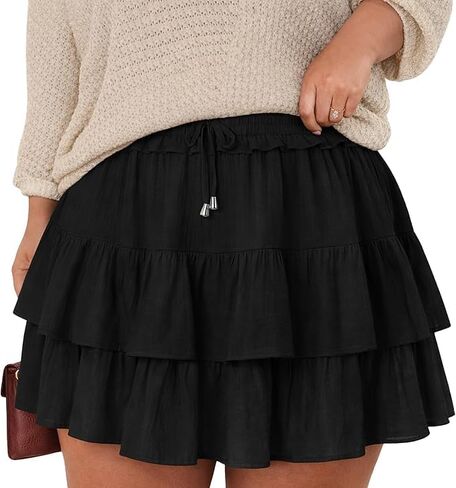Plus Size Skirts for Women Plus Size Mini Skirt Black Ruffle Skirt with Bow Knot Y2K Party Skirts in Saudi Arabia