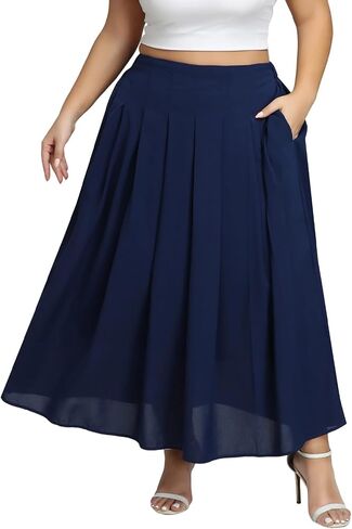 Women's Plus Size Double Layers Long Pleated Skirt Elastic High Waist A-Line Tummy Control Versatile Flowy Skirt in Saudi Arabia