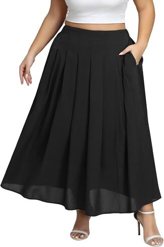 Women's Plus Size Double Layers Long Pleated Skirt Elastic High Waist A-Line Tummy Control Versatile Flowy Skirt in Saudi Arabia