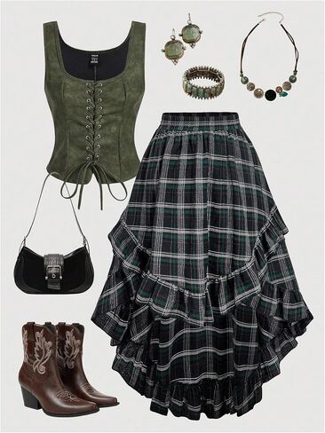 SweatyRocks Women's Y2k Plaid High Low Skirts Plus Size Gothic Elastic Waist Ruffle Flowy Skirt in Kuwait