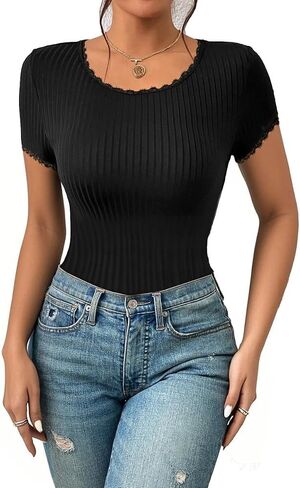 UOOZEE Women's Lace Trim Basic Tees Soft Ribbed Knit Fitted T Shirts Short Sleeve Summer Tops in Saudi Arabia
