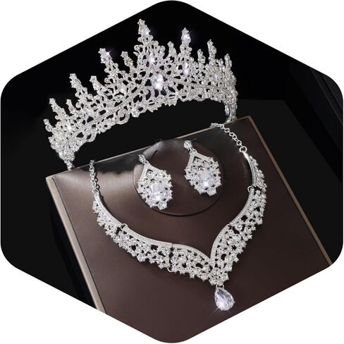 Crowns and Tiaras jewelry sets for Wedding princess birthday party Halloween Prom Pageant，Silver Crystal Bridal Jewelry Set for Women in Saudi Arabia