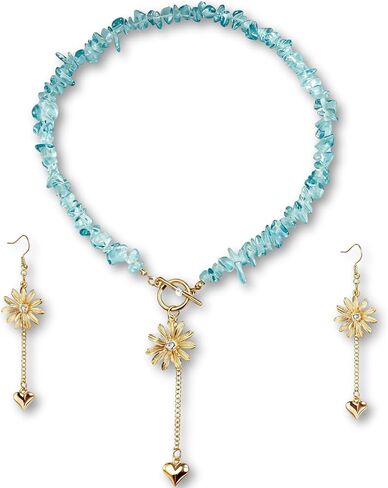 Boho Beaded Blue Crystal Flower Heart Necklace Earrings Set for Women, OT Clasp Natural Stone Choker Necklace with Gold Flower Heart Drop Earrings Jewelry Gift in Saudi Arabia
