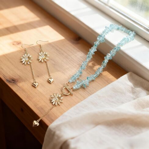 Boho Beaded Blue Crystal Flower Heart Necklace Earrings Set for Women, OT Clasp Natural Stone Choker Necklace with Gold Flower Heart Drop Earrings Jewelry Gift in Saudi Arabia