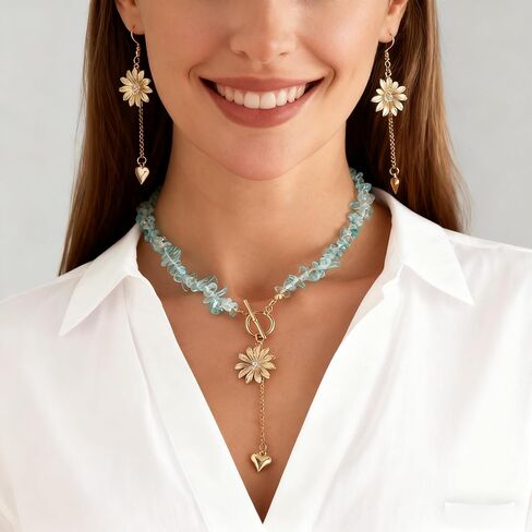 Boho Beaded Blue Crystal Flower Heart Necklace Earrings Set for Women, OT Clasp Natural Stone Choker Necklace with Gold Flower Heart Drop Earrings Jewelry Gift in Saudi Arabia