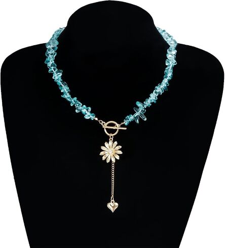 Boho Beaded Blue Crystal Flower Heart Necklace Earrings Set for Women, OT Clasp Natural Stone Choker Necklace with Gold Flower Heart Drop Earrings Jewelry Gift in Saudi Arabia