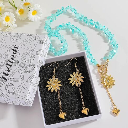Boho Beaded Blue Crystal Flower Heart Necklace Earrings Set for Women, OT Clasp Natural Stone Choker Necklace with Gold Flower Heart Drop Earrings Jewelry Gift in Saudi Arabia
