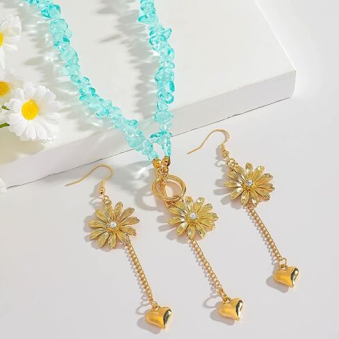 Boho Beaded Blue Crystal Flower Heart Necklace Earrings Set for Women, OT Clasp Natural Stone Choker Necklace with Gold Flower Heart Drop Earrings Jewelry Gift in Saudi Arabia