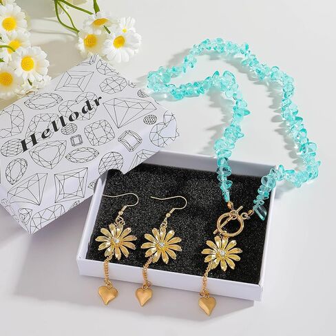 Boho Beaded Blue Crystal Flower Heart Necklace Earrings Set for Women, OT Clasp Natural Stone Choker Necklace with Gold Flower Heart Drop Earrings Jewelry Gift in Saudi Arabia