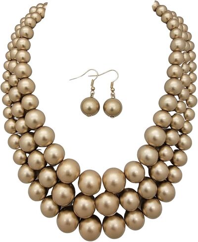 Fashion 21 Women's Faux Pearl Three Multi-Strand Statement Necklace and Earrings Set (Matte Gold) in Kuwait