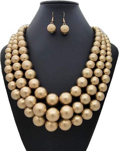 Fashion 21 Women's Faux Pearl Three Multi-Strand Statement Necklace and Earrings Set (Matte Gold) in Kuwait