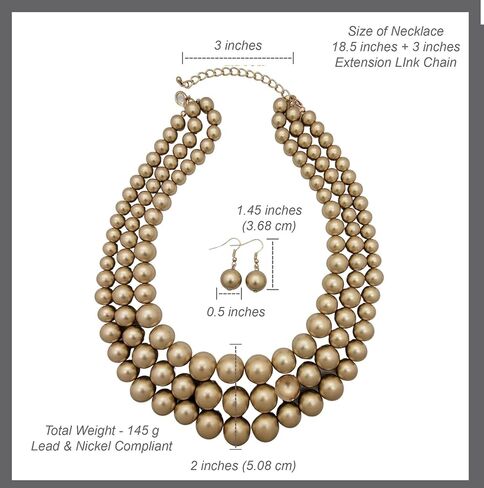 Fashion 21 Women's Faux Pearl Three Multi-Strand Statement Necklace and Earrings Set (Matte Gold) in Kuwait