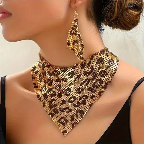 3 PCS Thick Sequins Leopard Jewelry Set Statement Leopard Necklace and Earrings Jewelry Gift for Women in Kuwait