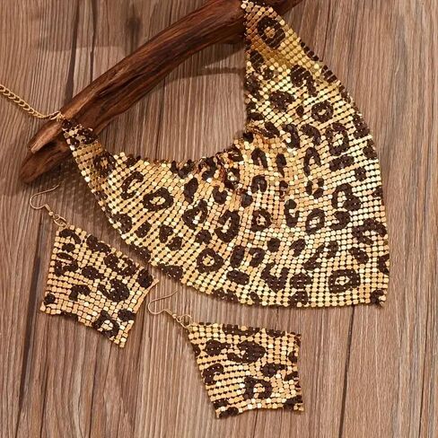 3 PCS Thick Sequins Leopard Jewelry Set Statement Leopard Necklace and Earrings Jewelry Gift for Women in Kuwait