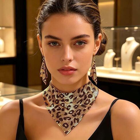 3 PCS Thick Sequins Leopard Jewelry Set Statement Leopard Necklace and Earrings Jewelry Gift for Women in Kuwait