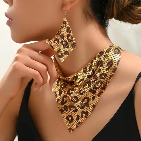 3 PCS Thick Sequins Leopard Jewelry Set Statement Leopard Necklace and Earrings Jewelry Gift for Women in Kuwait