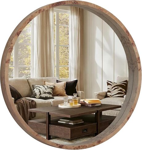 WallBeyond 28 Inch Round Wood Mirror, Farmhouse Circle Wooden Frame Wall Mounted Mirror for Bathroom Vanity, Living Room, Bedroom, Entryway, Natural in Saudi Arabia