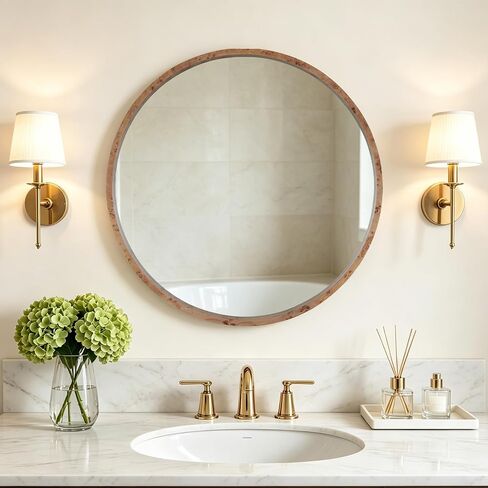 WallBeyond 28 Inch Round Wood Mirror, Farmhouse Circle Wooden Frame Wall Mounted Mirror for Bathroom Vanity, Living Room, Bedroom, Entryway, Natural in Saudi Arabia