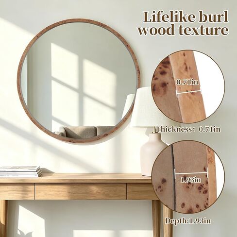 WallBeyond 28 Inch Round Wood Mirror, Farmhouse Circle Wooden Frame Wall Mounted Mirror for Bathroom Vanity, Living Room, Bedroom, Entryway, Natural in Saudi Arabia