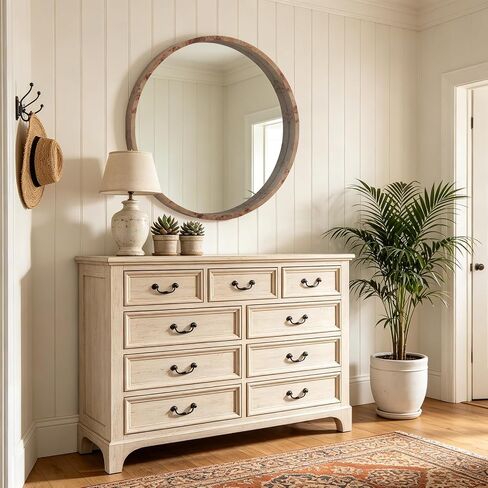 WallBeyond 28 Inch Round Wood Mirror, Farmhouse Circle Wooden Frame Wall Mounted Mirror for Bathroom Vanity, Living Room, Bedroom, Entryway, Natural in Saudi Arabia