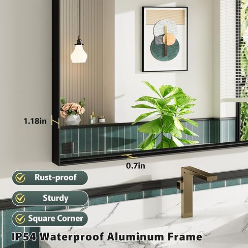 24x36 Inch Black Bathroom Mirror, Metal Framed Vanity Mirror, Bathroom Wall Mirrors for Over Sink, Rectangle Mirror HD Tempered Glass, Horizontally or Vertically in Saudi Arabia