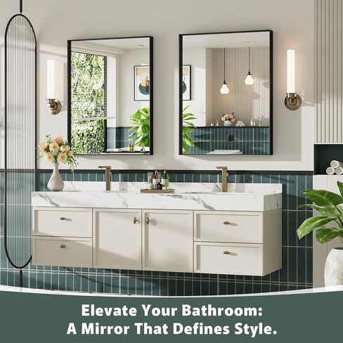 24x36 Inch Black Bathroom Mirror, Metal Framed Vanity Mirror, Bathroom Wall Mirrors for Over Sink, Rectangle Mirror HD Tempered Glass, Horizontally or Vertically in Saudi Arabia