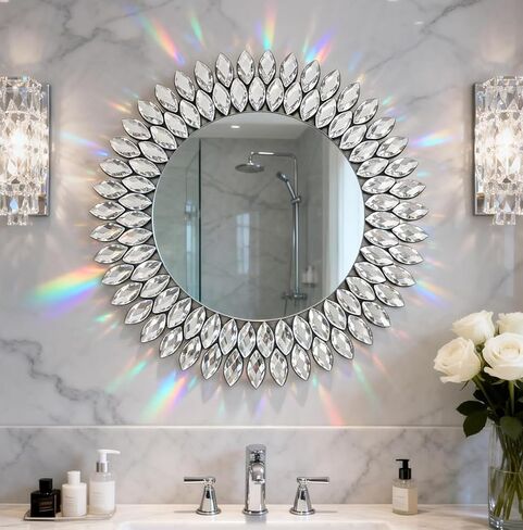 Jeweled Luxury Crystal Diamond Round Wall Mirror, 24"x24" Decorative Wall Mirror, Crystal Vanity Mirror for Bathroom, Entryway, Living Room & Fireplace Decor in Saudi Arabia