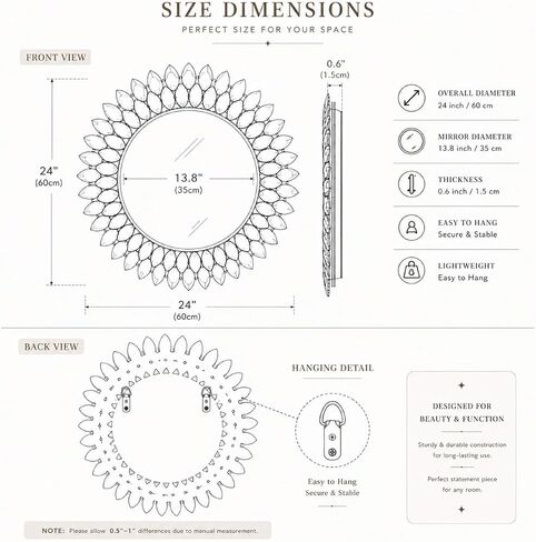 Jeweled Luxury Crystal Diamond Round Wall Mirror, 24"x24" Decorative Wall Mirror, Crystal Vanity Mirror for Bathroom, Entryway, Living Room & Fireplace Decor in Saudi Arabia