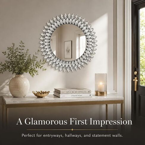 Jeweled Luxury Crystal Diamond Round Wall Mirror, 24"x24" Decorative Wall Mirror, Crystal Vanity Mirror for Bathroom, Entryway, Living Room & Fireplace Decor in Saudi Arabia